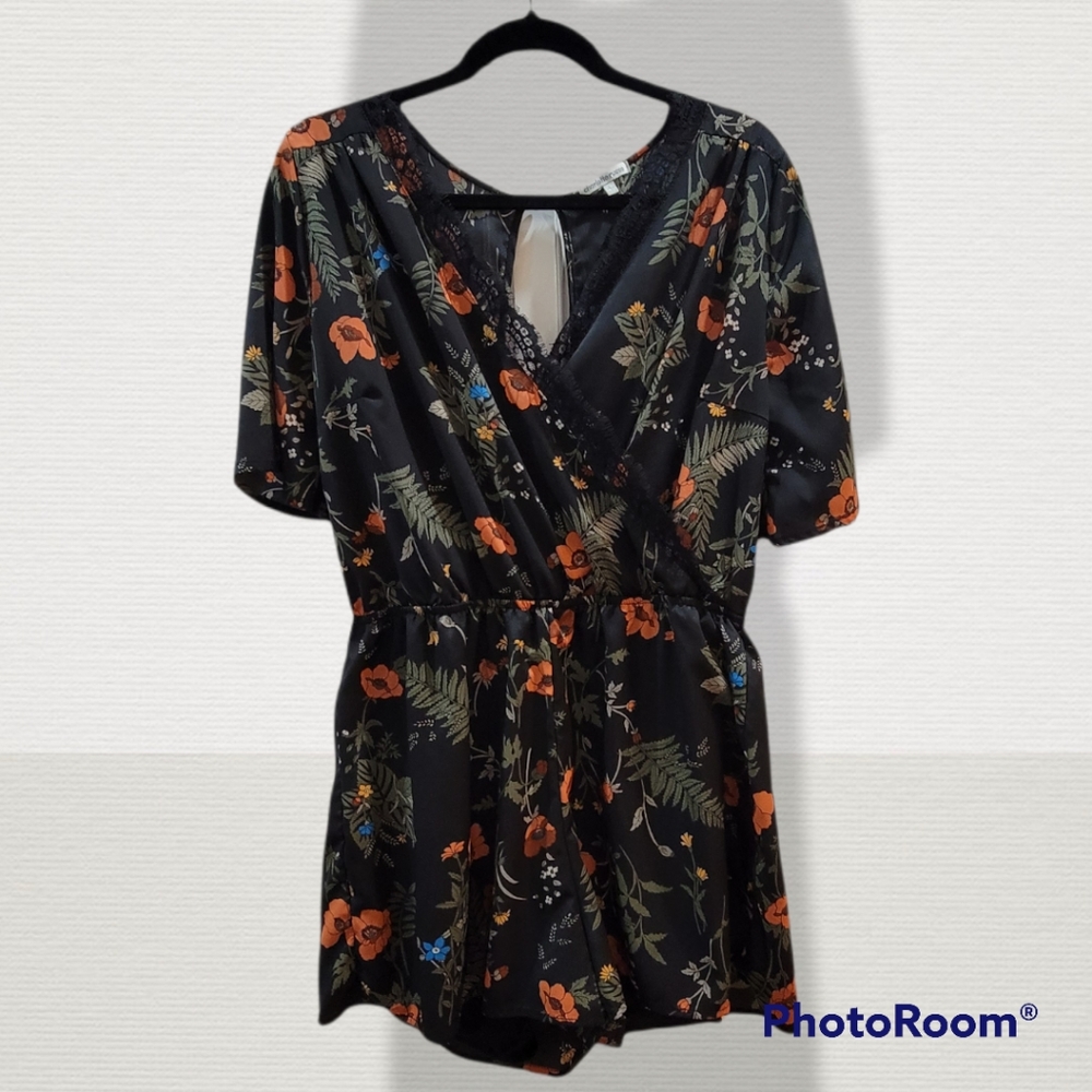 Charlotte Russe black floral romper, size large